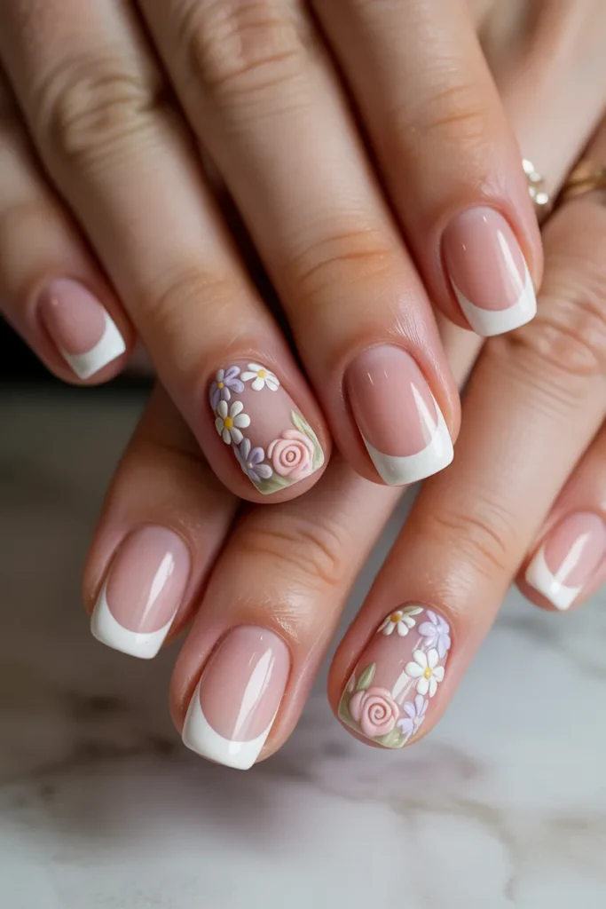 Classic French tips with tiny floral accents