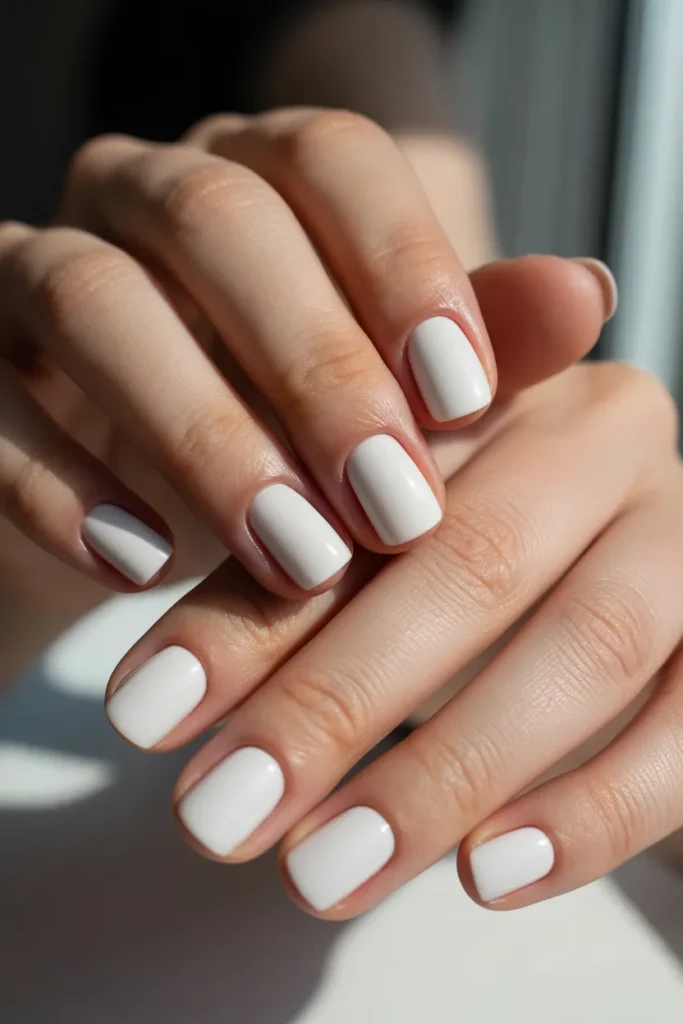 Clean white short square nails in natural lighting