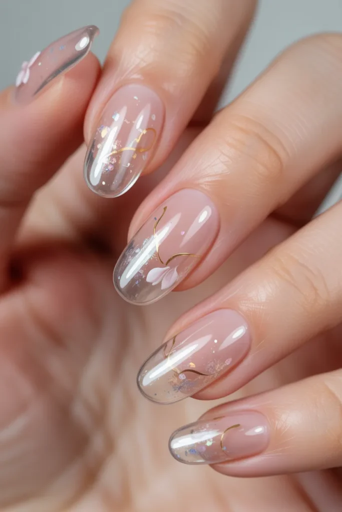 Clear jelly nails with embedded glitter, soft pink tones