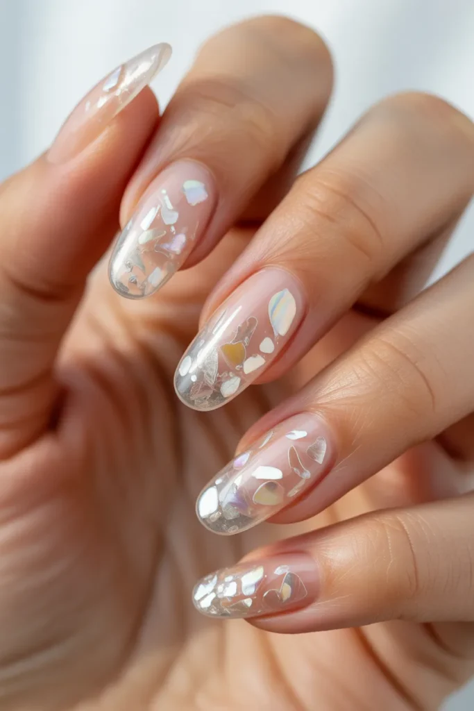 Clear nails with crushed shell glitter pieces