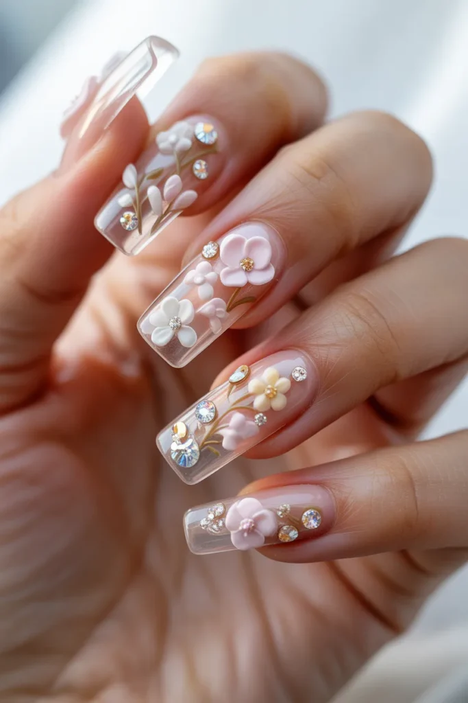 Clear nails with embedded 3D flowers and crystals