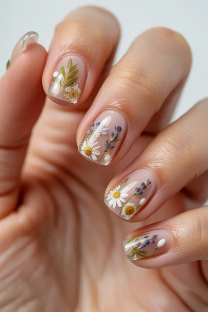 Clear nails with embedded floral designs