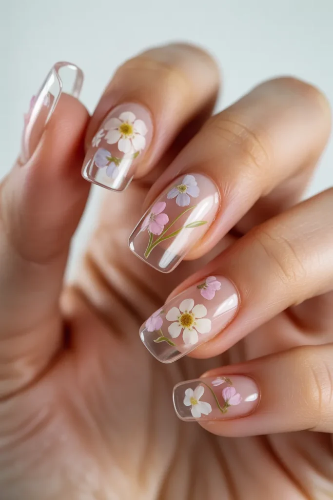Clear nails with floating flower designs