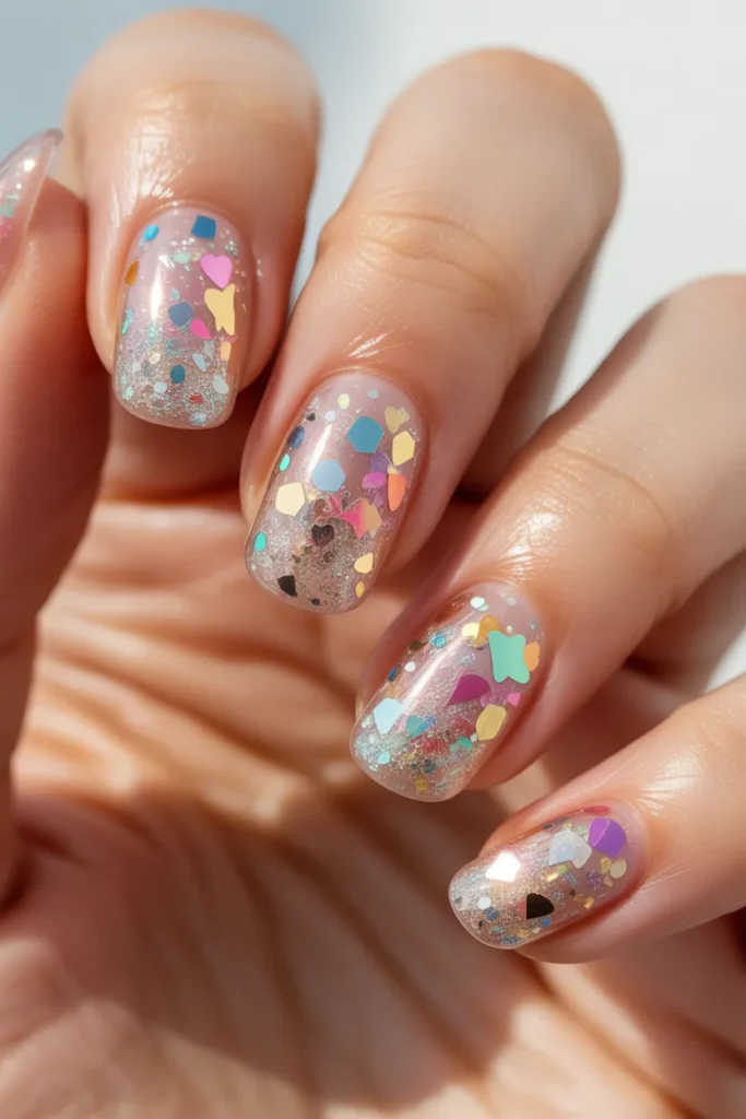 Clear nails with mixed glitter sizes and confetti