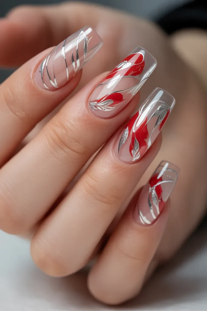 Clear nails with red and silver embedded designs