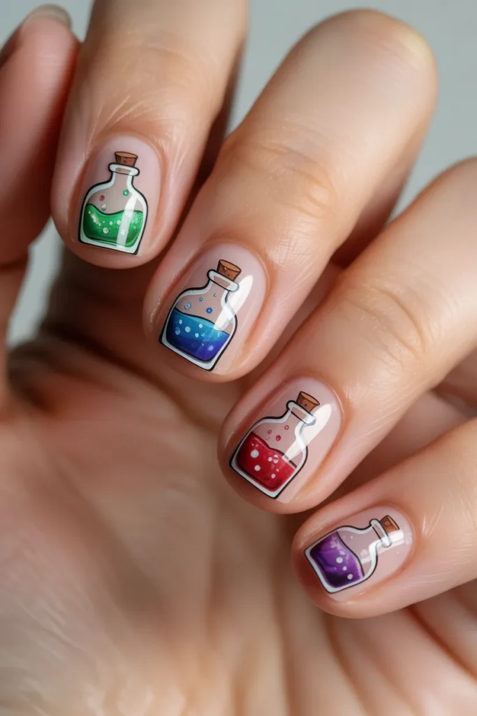 Clear nails with tiny colorful potion bottle illustrations