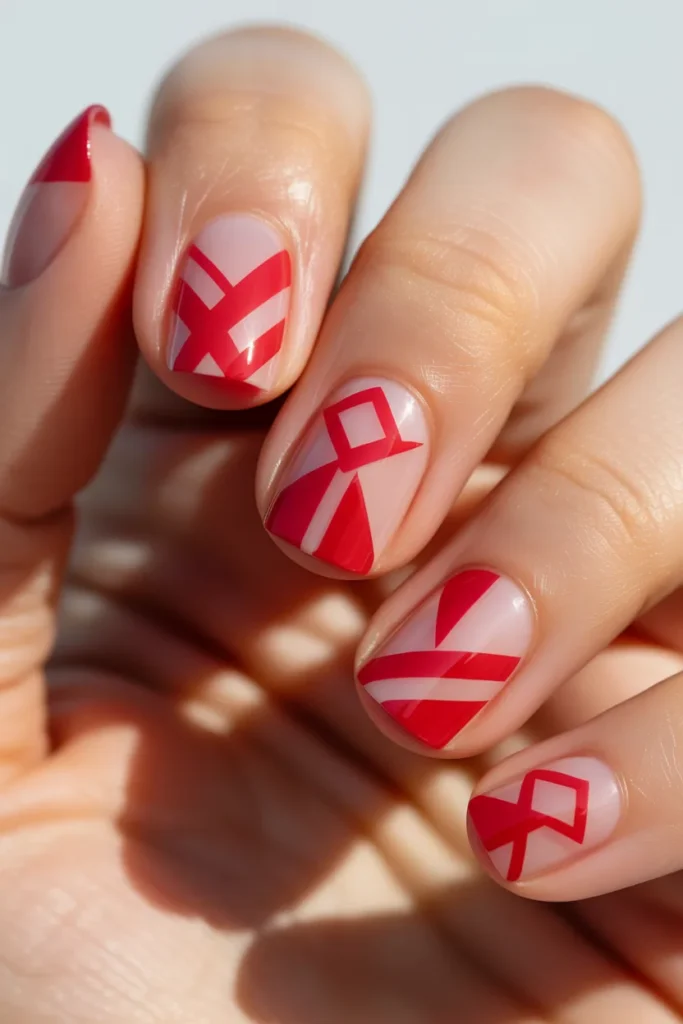  Clear sections with red geometric designs nails