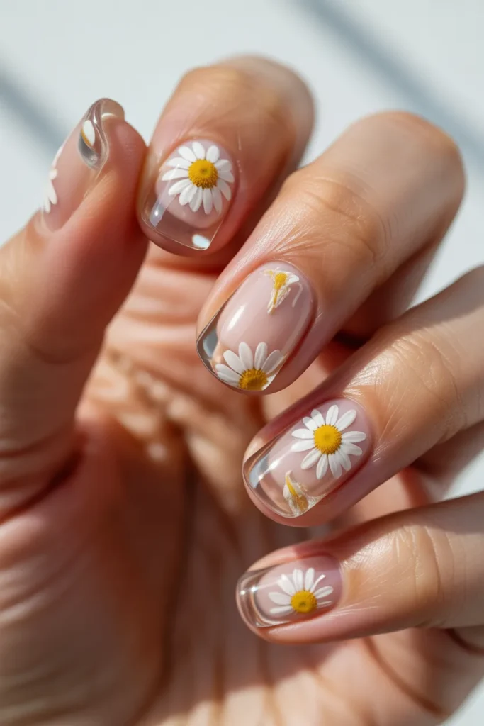 Clear transparent nails with floating daisy designs inside, modern