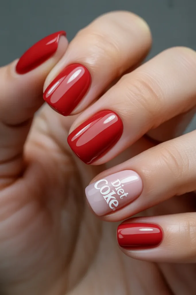 Close-up of glossy red nails with white “Diet Coke
