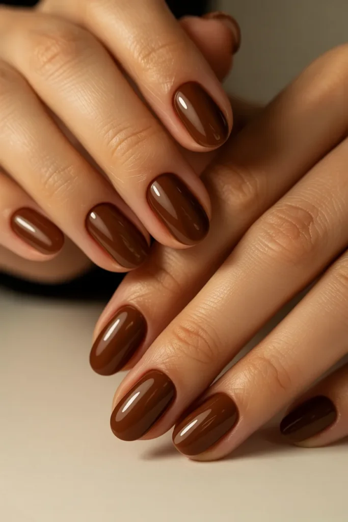 Coffee brown glossy oval nails