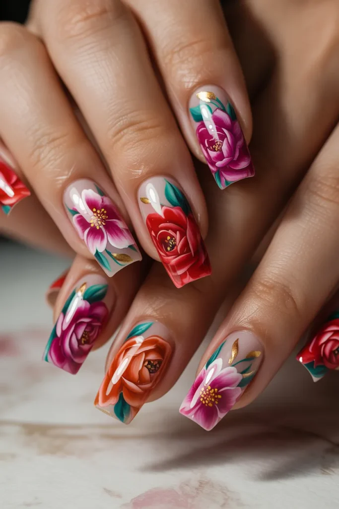 Coffin nails with bold floral art
