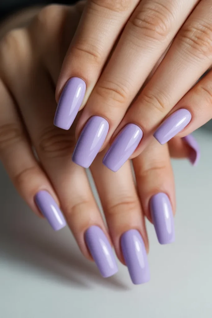  Coffin-shaped pastel purple nails