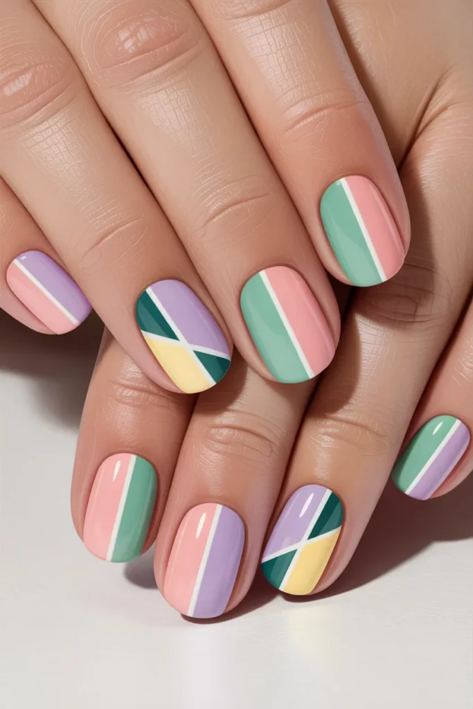 Color block nail design with pastel shades