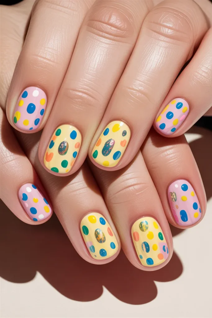  Combination of polka dots nails and confetti design