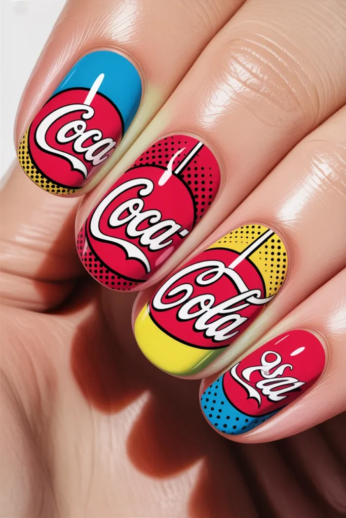 Comic-style nails with bright colors and Coke-inspired graphics