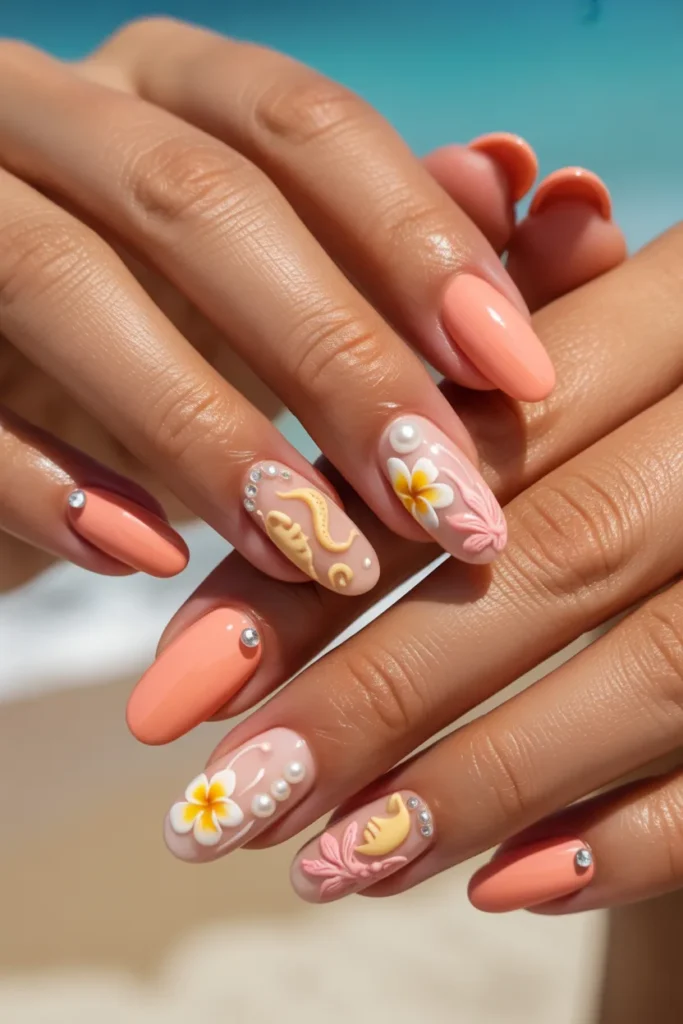 Coral colors nails with floral and ocean elements