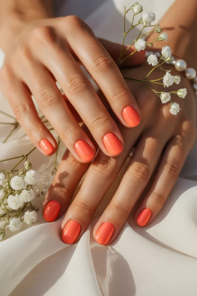 Coral nails, bright and cheerful summer wedding vibe