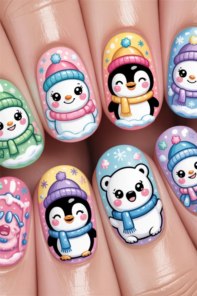 Cute cartoon characters on nails, bright colors