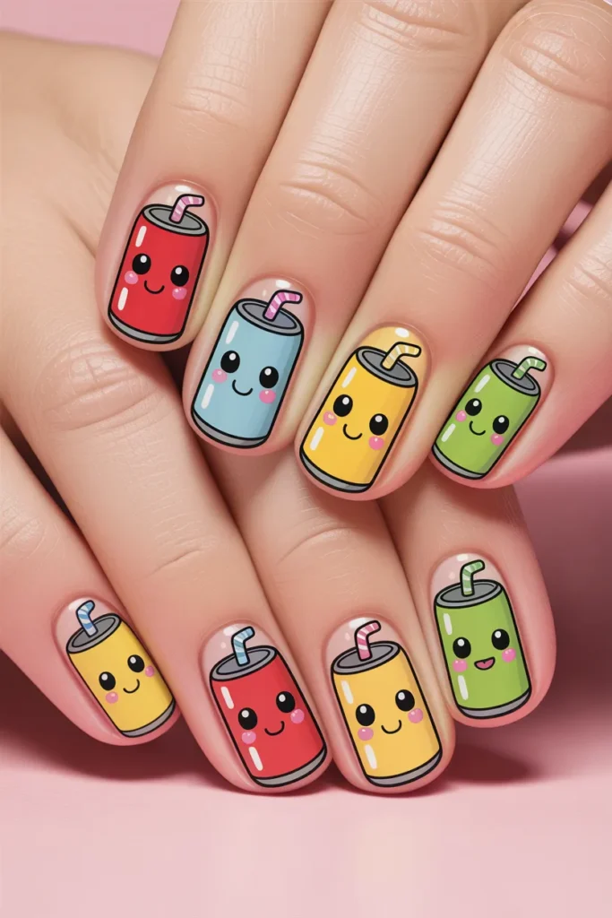 Cute cartoon-style soda cans on nails