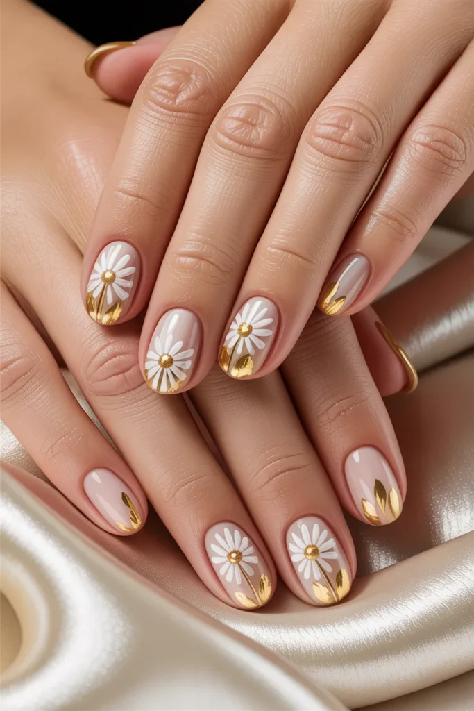 Daisy designs with gold foil accents on nude nails