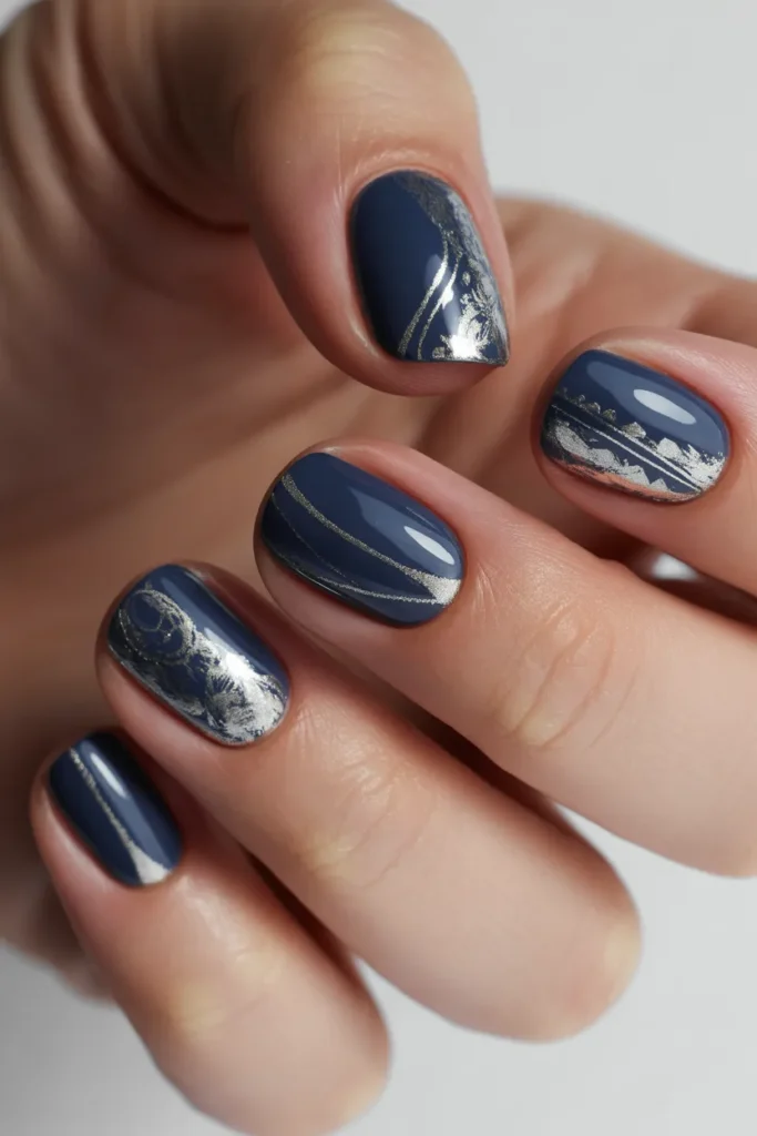 Dark blue and silver nail design