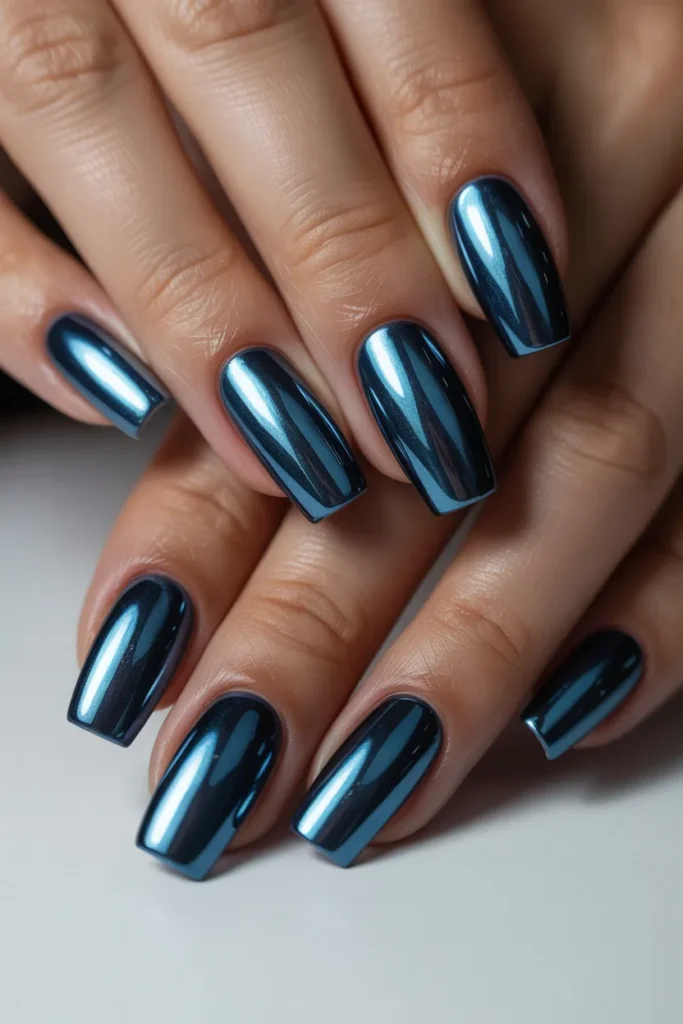 Dark blue chrome nails, reflective metallic finish, long coffin shape