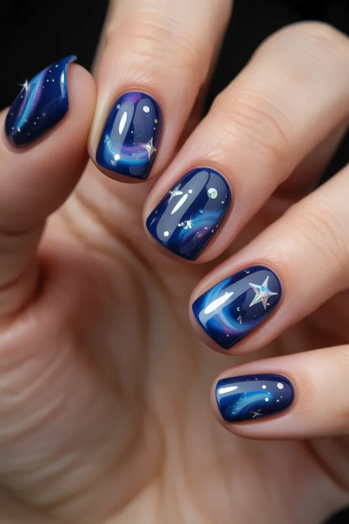 Dark blue galaxy nails with stars and sparkles
