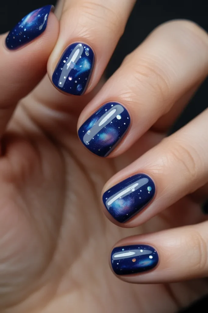 Dark blue glitter galaxy nails