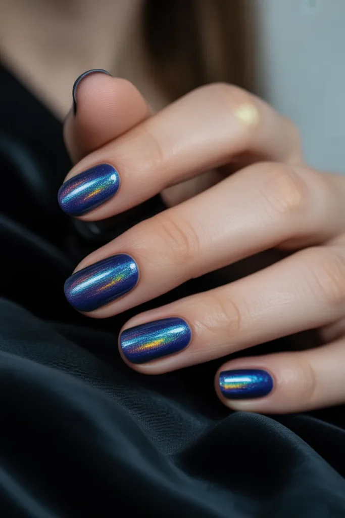Dark blue holographic nails, rainbow shine effect
