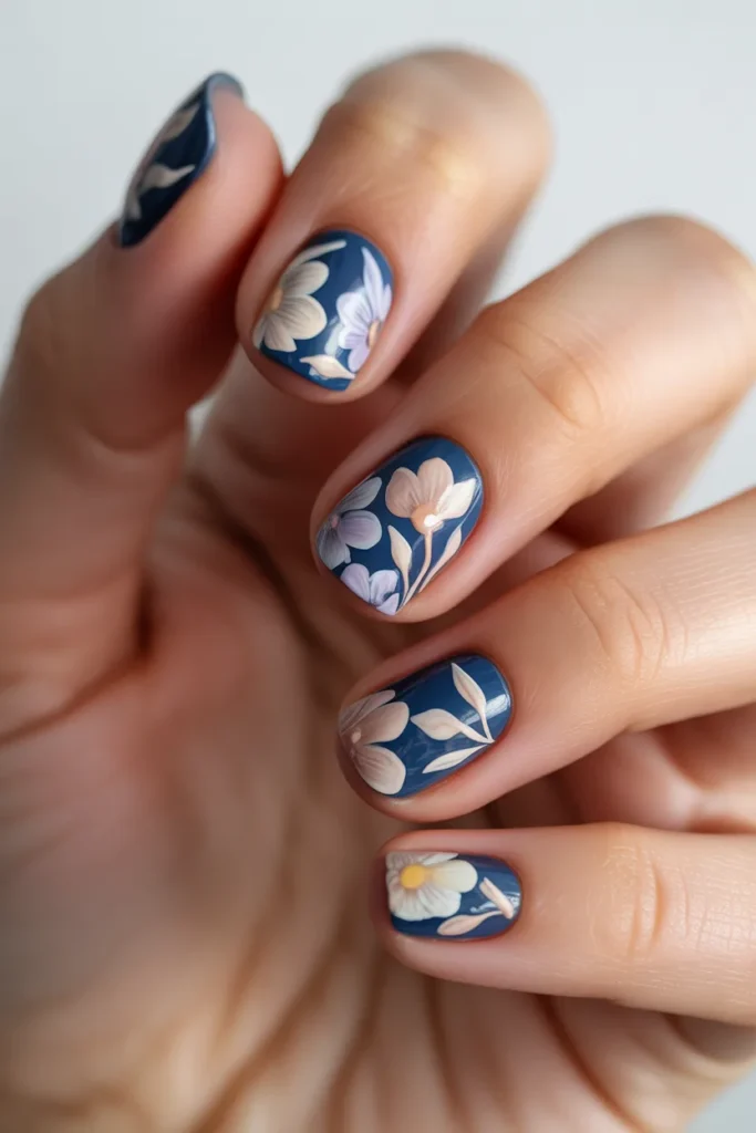 Dark blue nails with delicate floral art`
