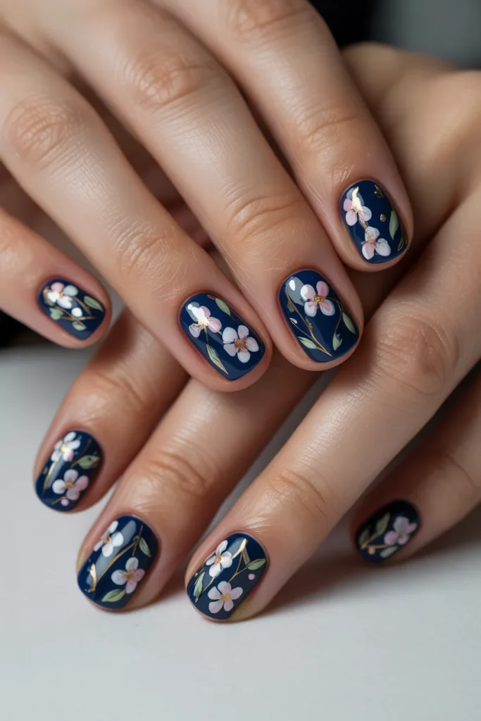 Dark blue nails with floral patterns