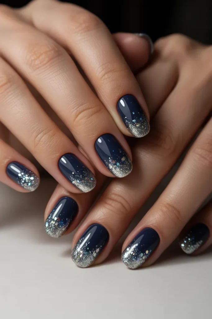 Dark blue nails with glitter fade tips