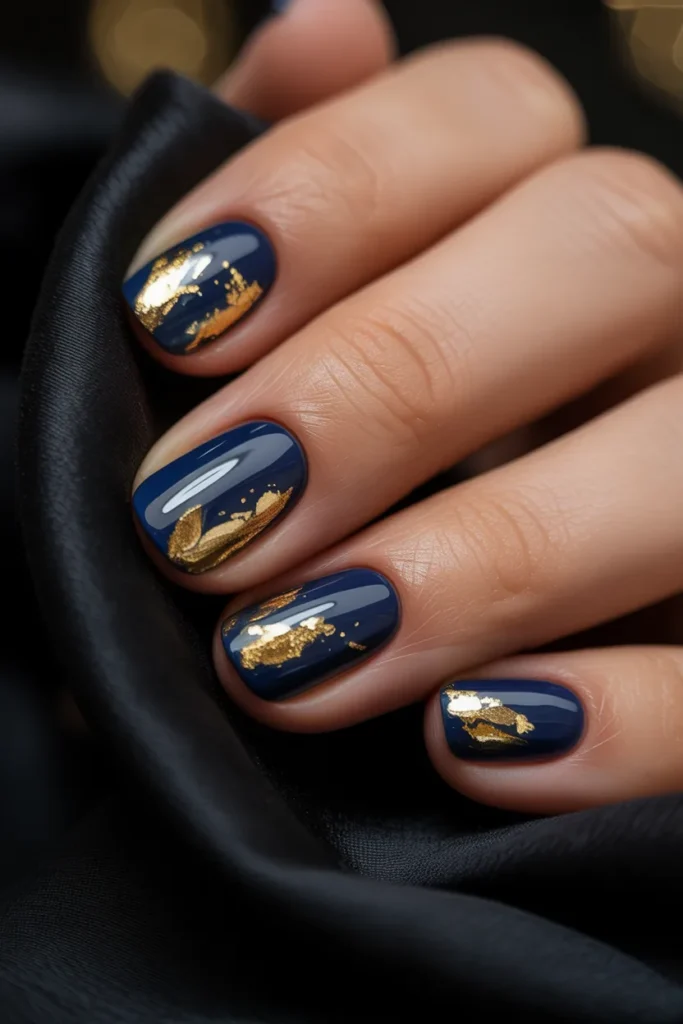 Dark blue nails with gold foil flakes, elegant nail art