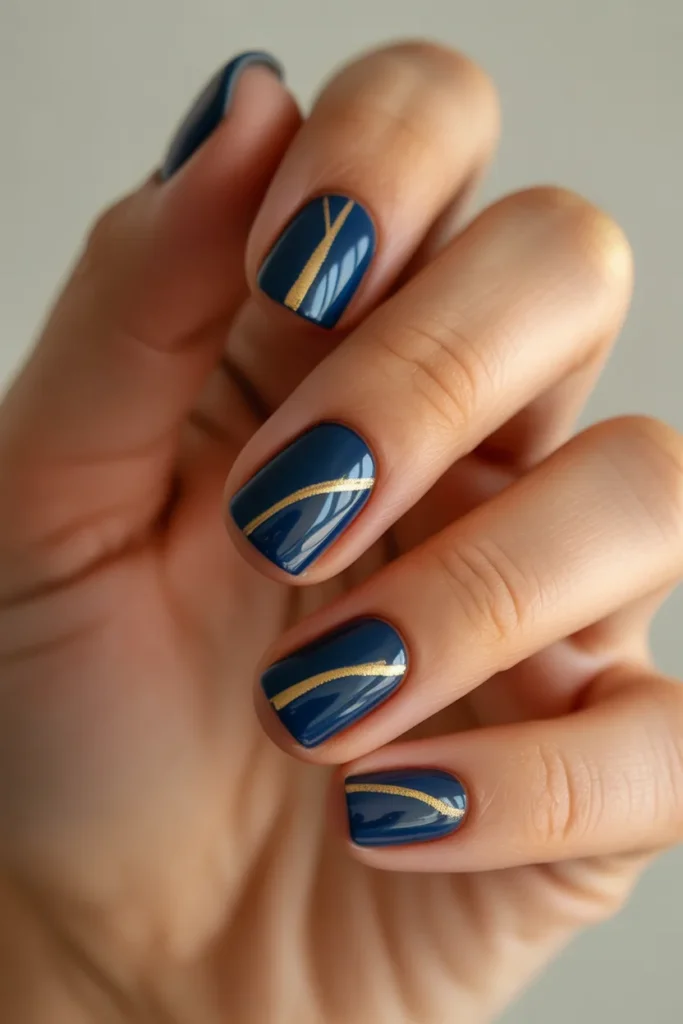 Dark blue nails with gold stripe accents