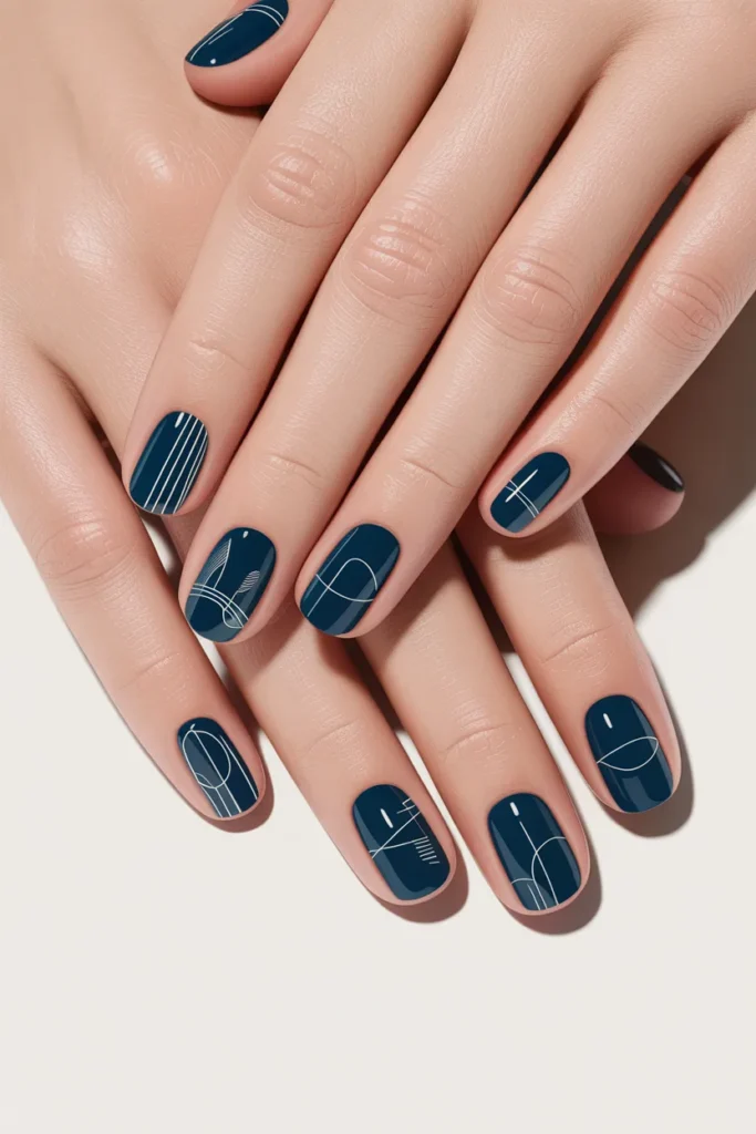 Dark blue nails with minimal white line art