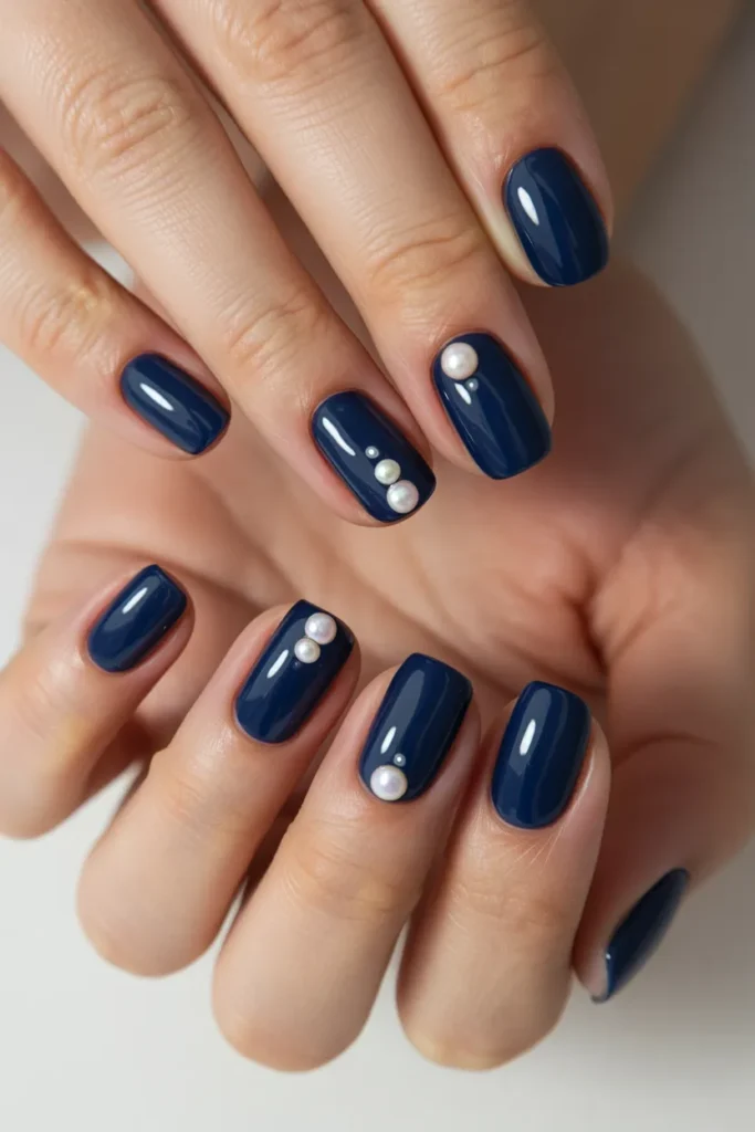 Dark blue nails with pearl accents
