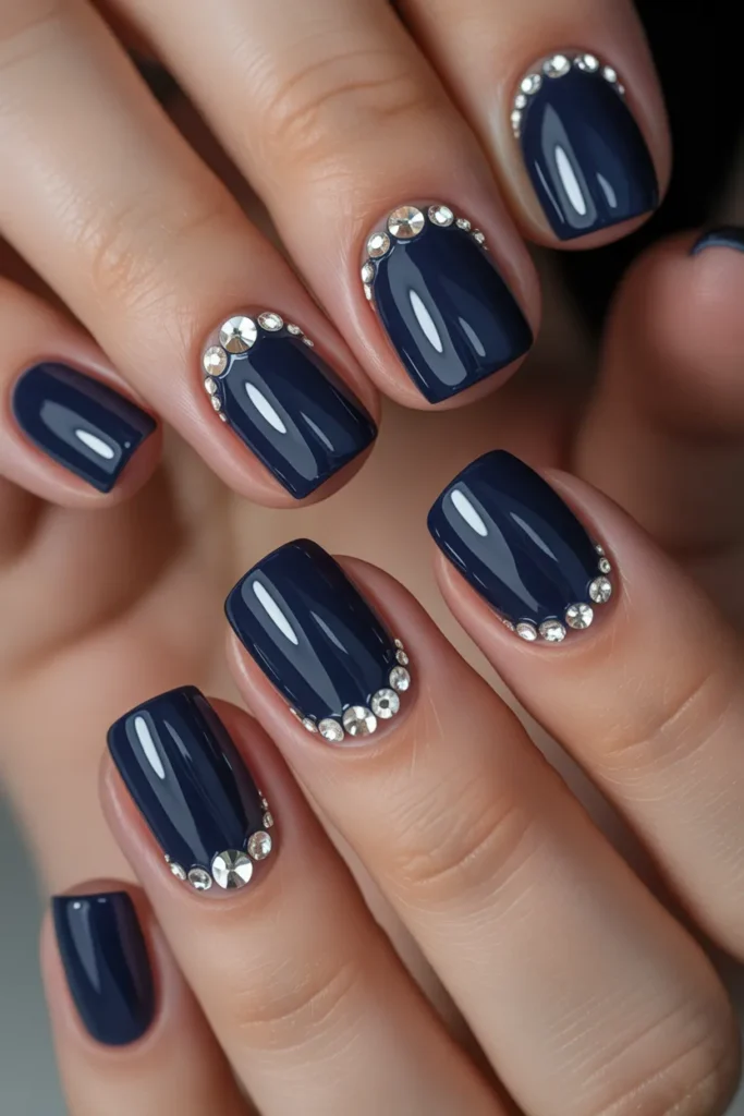Dark blue nails with rhinestone accents, glamorous nail art