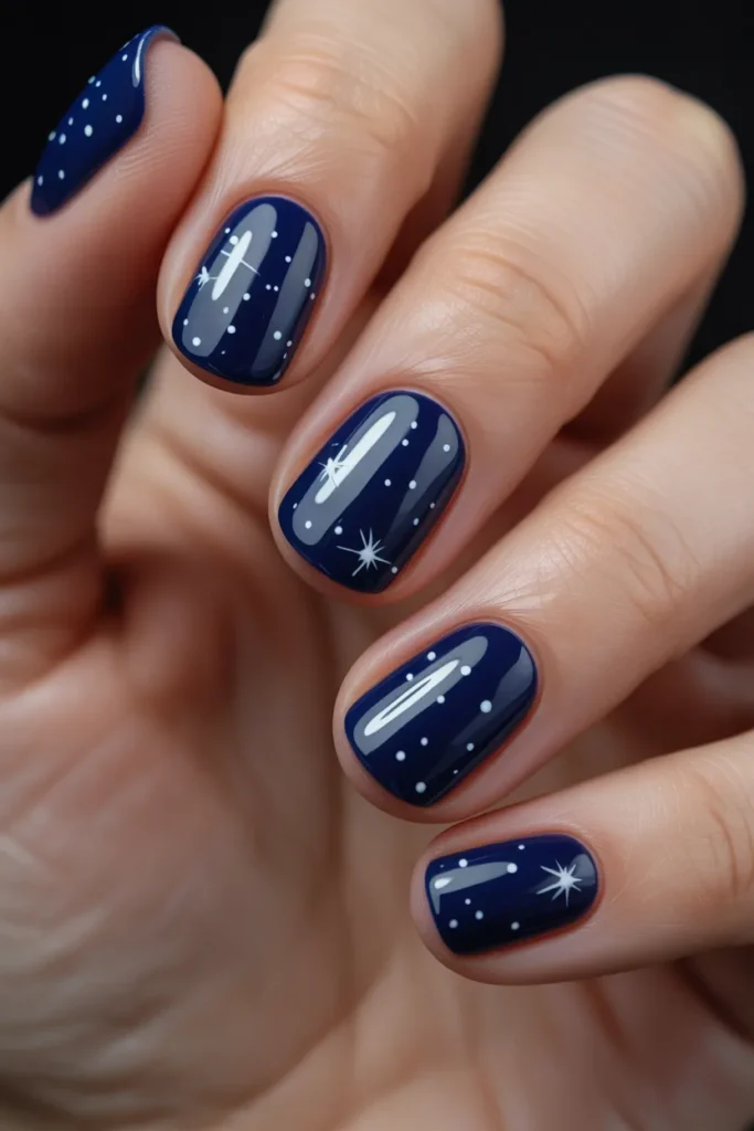 Dark blue nails with scattered tiny white stars