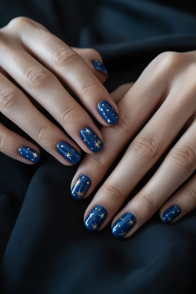 Dark blue nails with star accents