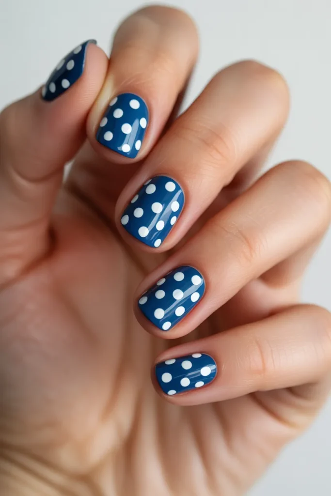 Dark blue nails with white polka dots