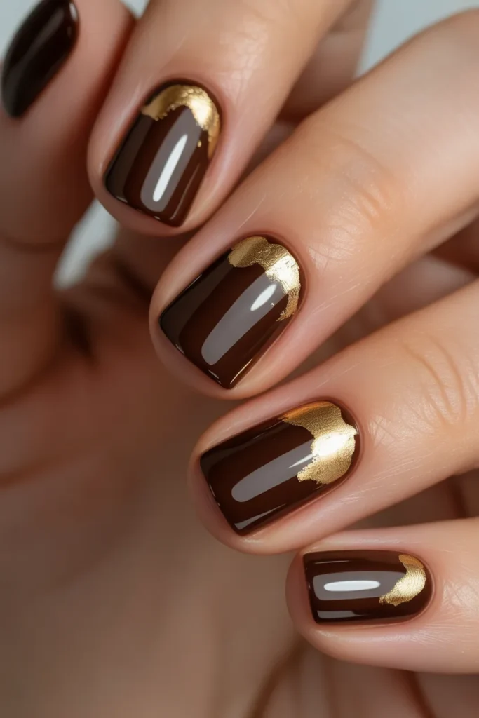 Dark brown nails with delicate gold foil accents