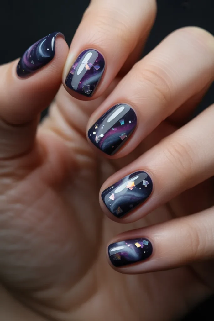 Dark galaxy nails background with shimmering confetti stars