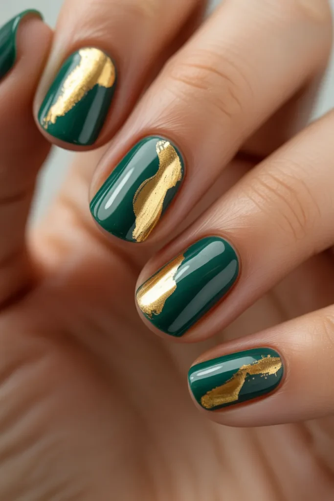 Deep emerald green nails with gold foil accents