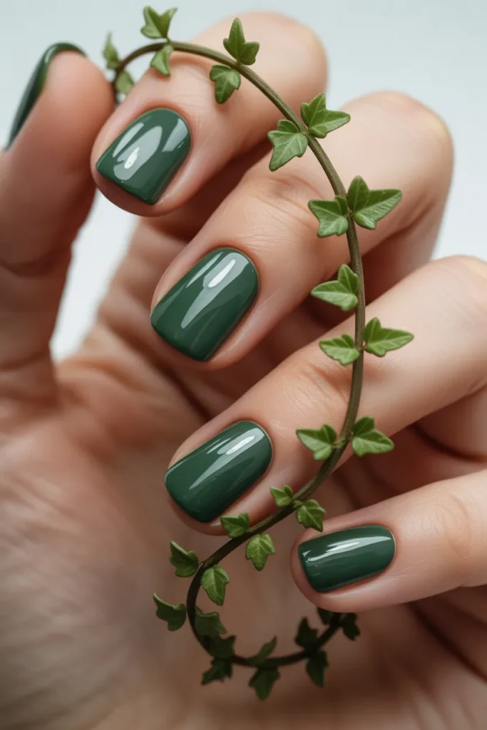 Deep green nails with ivy wrapping around