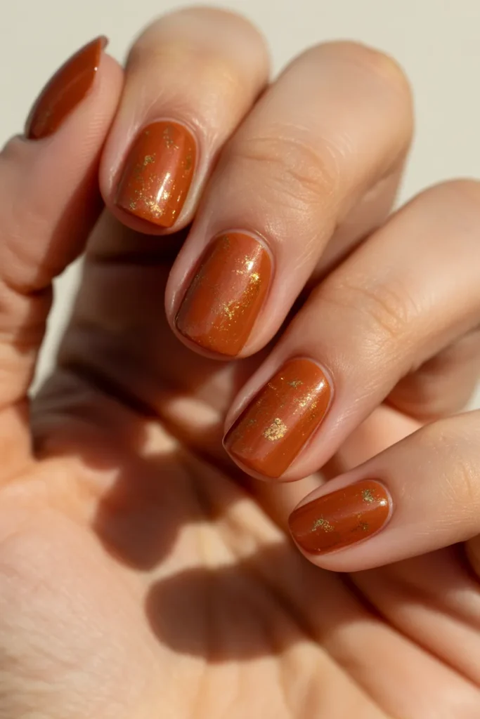Deep rust orange nails with fine gold glitter