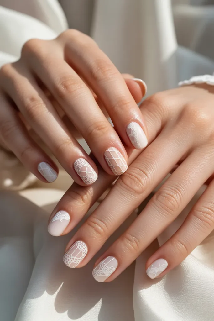 Delicate lace patterns on nails, soft feminine Japanese nail art