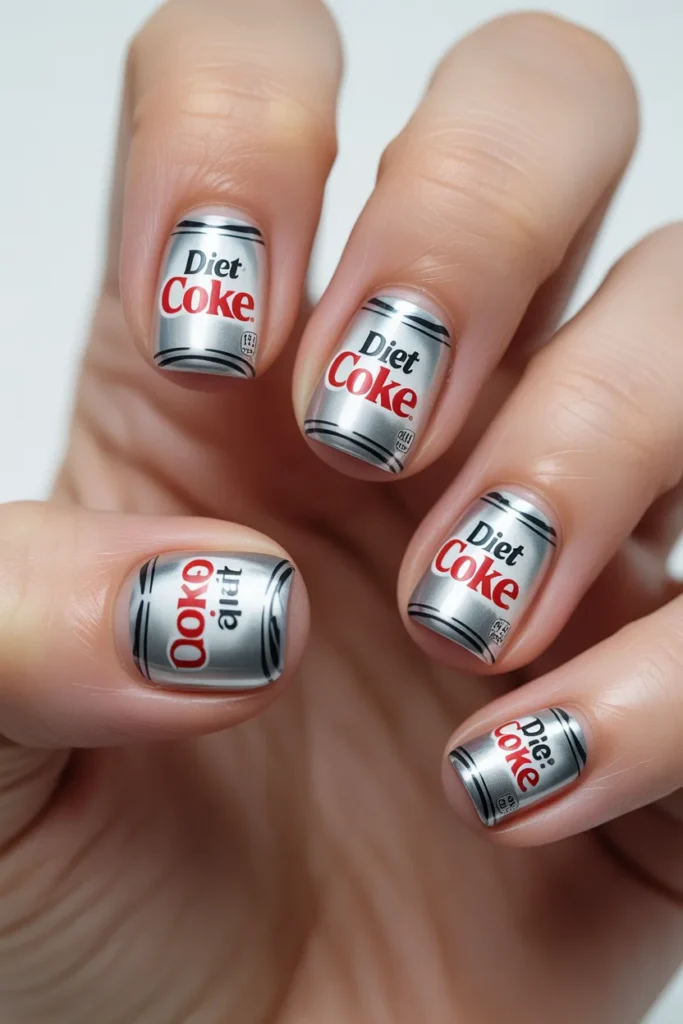 Detailed nail art resembling miniature Diet Coke cans on each nail