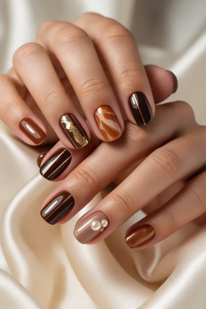 Different brown nail designs on each finger