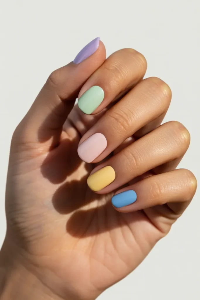 Each nail painted a different pastel color