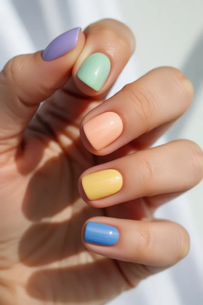 Each nail painted a different pastel color